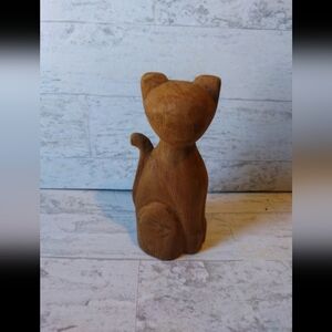 Vntg Wood Cat Statue Hand Carved Figure Solid Wood Folk Art Sculpture MCM